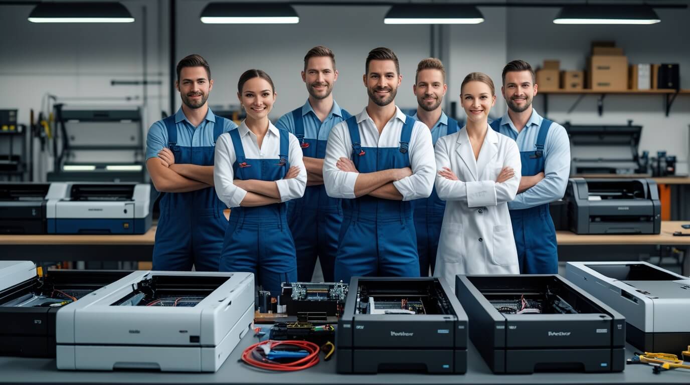 Printercare365 team of professional printer repair technicians standing in a modern workshop with dismantled printers and repair tools, showcasing expert printer maintenance and repair services.