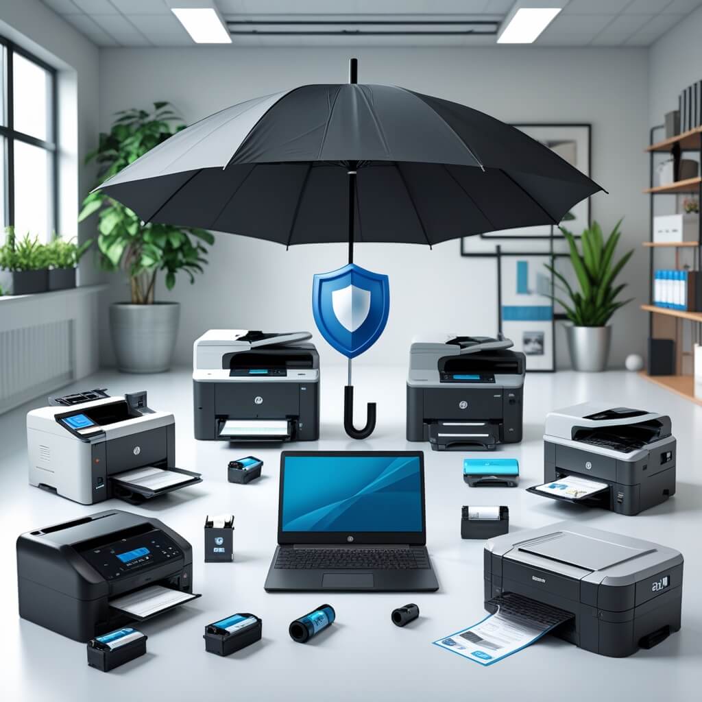 Office printers, laptops, and electronic devices protected under a large umbrella with a blue shield symbol, representing extended warranty and device protection services by Printercare365.