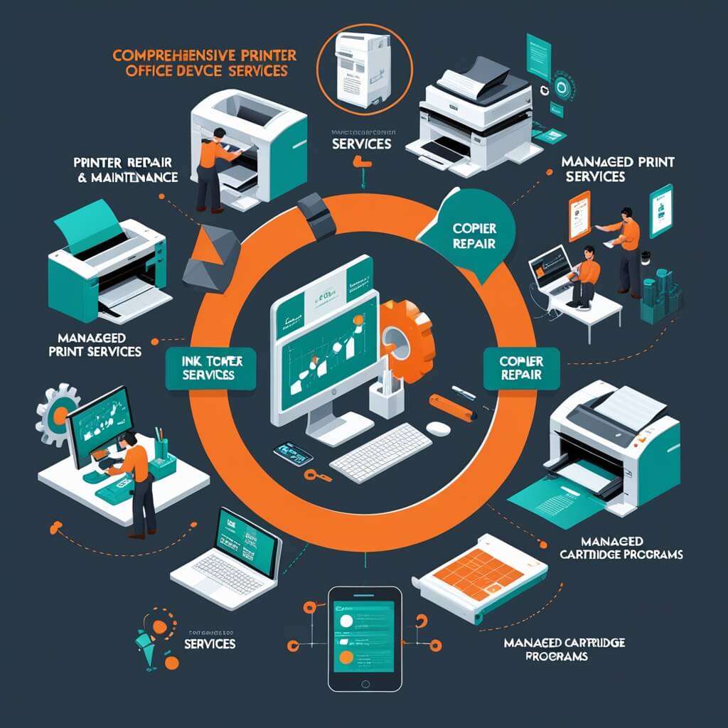 Printercare365 infographic showing printer repair, maintenance, and managed print services.